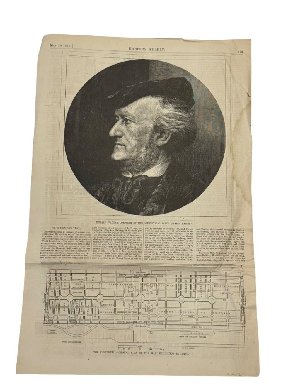 Antique 1876 Harper’s Weekly Richard Wagner Portrait Centennial Exposition Floor